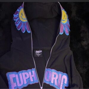 Black Zip-Up Hoodie with Colorful Daisy Embroidery